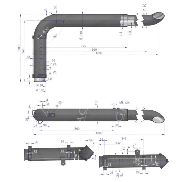Tłumik, rura wydechowa John Deere 7610, 7710, 7810 (Brasil), 7810 (USA),  7600, 7700, 7800