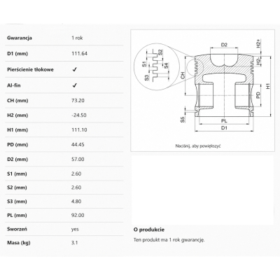 87801316 Tłok + pierścienie 111,76 mm 24,6mm Fiat G170 G190 G210 G240 Ford 8670 8770 8870 8970