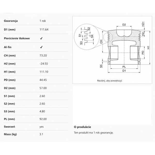 Tłok z pierścieniami Fiat
G170 , G190 , G210 , G240

Ford
8000 87801316