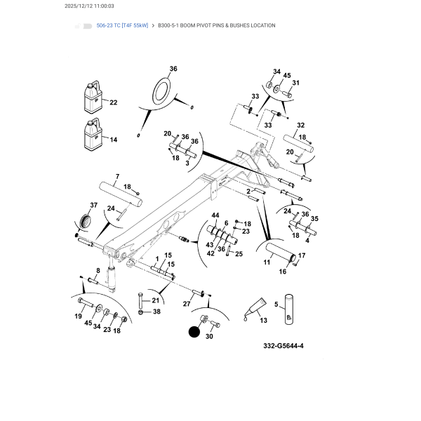 Diagram JCB 506-23 TC – położenie sworznia 332/G3681 w ramieniu teleskopowym